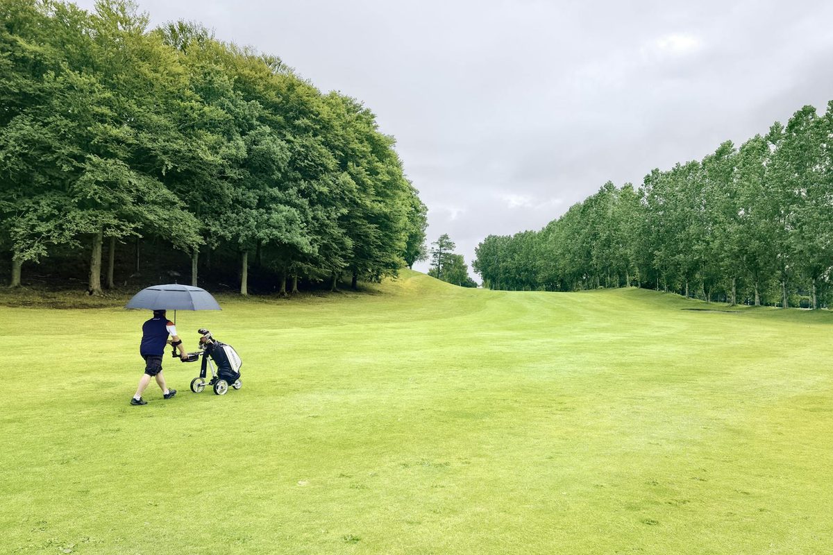 A lush parkland golf course fairway in the English Midlands on a sunny afternoon