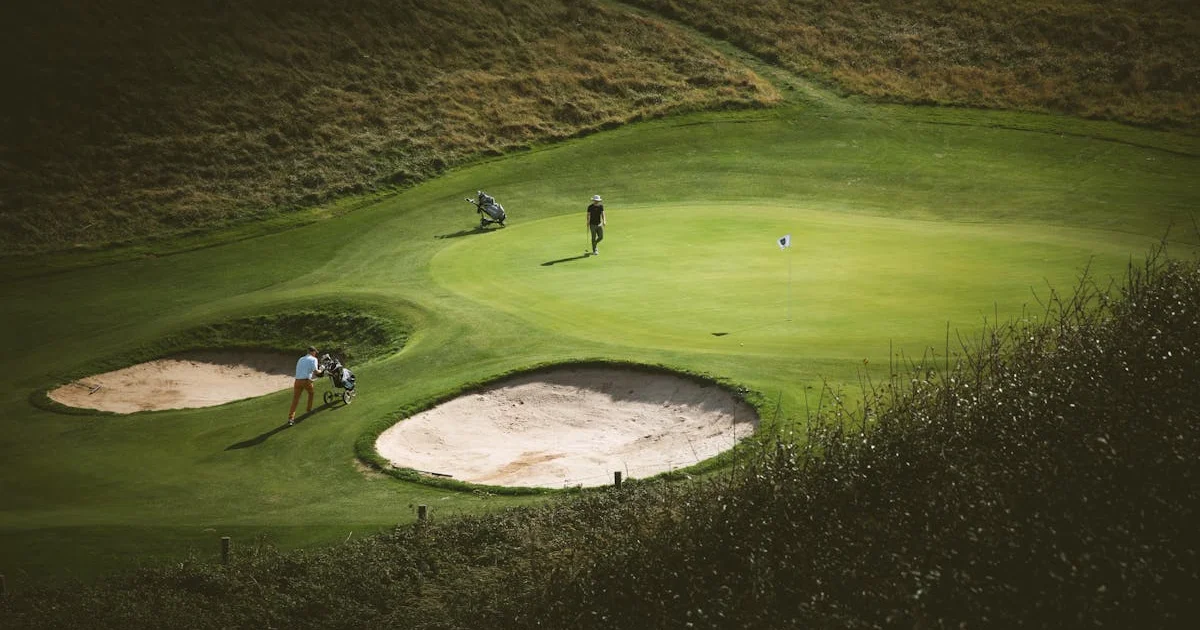 A well-maintained golf course in the south west of England with rolling hills in the background