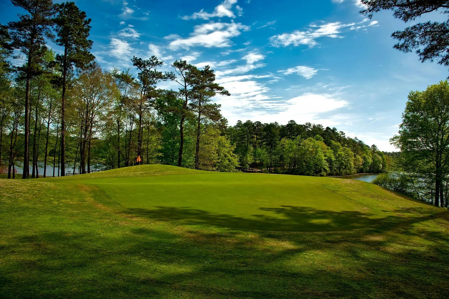 A parkland golf course with mature trees lining the fairway on a clear day