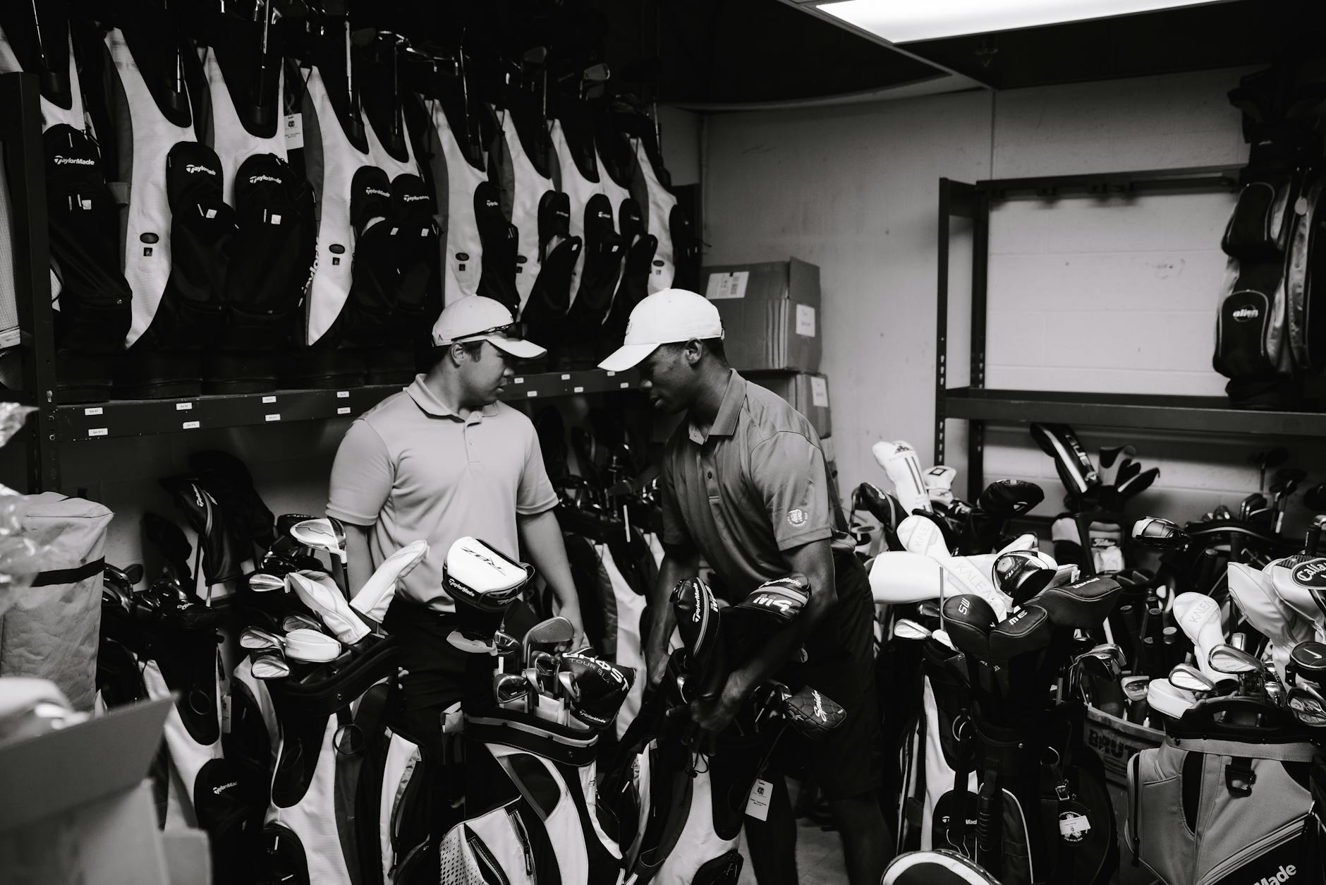 A selection of golf clubs leaning against a golf bag on a course
